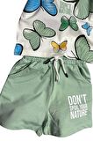 Kız Çocuk Kelebek Desenli Kısa Kollu Yeşil Şortlu Takım