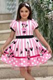 Kız Çocuk Minnie Baskılı Çizgi Detaylı Tüllü Pembe Elbise