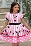 Kız Çocuk Minnie Baskılı Çizgi Detaylı Tüllü Pembe Elbise