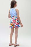 Kız Çocuk Renkli Flower Baskı ve Halter Yaka LightBlue Bluz Şortlu Takım
