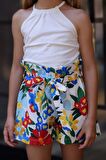 Kız Çocuk Renkli Flower Baskı ve Halter Yaka White Bluz Şortlu Takım