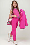 Kız Çocuk Yakası Taş İşlemeli Kolsuz Bluz Kemerli Blazer Ceket Pantolon Fuchsia Alt Üst Takım