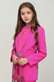 Kız Çocuk Yakası Taş İşlemeli Kolsuz Bluz Kemerli Blazer Ceket Pantolon Fuchsia Alt Üst Takım