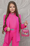 Kız Çocuk Yakası Taş İşlemeli Kolsuz Bluz Kemerli Blazer Ceket Pantolon Fuchsia Alt Üst Takım