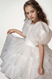 Kız Çocuk Balon Kollu Eteği KatKat Fırfırlı İçi Astarlı Beyaz Abiye