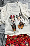 Kız Çocuk Omzu Fırfırlı Mickey ve Minnie Baskılı Beyaz Bluz Etekli Takım