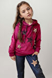 Kız Çocuk Pullu Yıldız İşlemli Kadife Sweatshirt Eşofman Altı Bordo Eşofman Takım