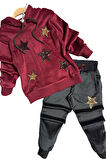 Kız Çocuk Pullu Yıldız İşlemli Kadife Sweatshirt Eşofman Altı Bordo Eşofman Takım