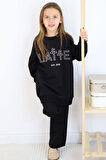 Kız Çocuk Latte Yazı Baskılı Owersize Kazak Geniş Paça Siyah Eşofman Takım