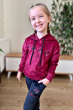 Kız Çocuk Buket Çiçek İşlemeli Kadife Sweatshirt Eşofman Altı Bordo Eşofman Takım