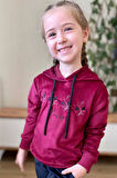 Kız Çocuk Buket Çiçek İşlemeli Kadife Sweatshirt Eşofman Altı Bordo Eşofman Takım