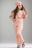 Kız Çocuk Asimetrik Kesim V Yaka Triko Kazak Normal Paça Triko Pantolon Pudra Alt Üst Takım