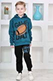 Erkek Çocuk Üzerinde Top ve Game Day Yazı Baskılı Sweatshirt 3 İplik Lacivert Eşofman Takım