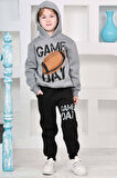 Erkek Çocuk Üzerinde Top ve Game Day Yazı Baskılı Sweatshirt 3 İplik Gri Eşofman Takım