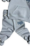 Erkek Çocuk Cool Boy Baskılı Fermuarlı Yaka Cepli Sweatshirt Buz Mavisi Eşofman Takım