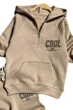 Erkek Çocuk Cool Boy Baskılı Fermuarlı Yaka Cepli Sweatshirt Bej Eşofman Takım