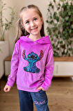Kız Çocuk Stitch Karakter Baskılı Pullu Sweatshirt Mor Kadife Eşofman Takım