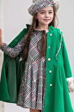 Kız Çocuk Kazayağı Desen Elbise Kolları Peluş ve Omuzları İnci İşleme Kemerli Yeşil Kaşe Kaban