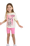 Kız Çocuk Üzeri Digital Yazı ve Tavşan Baskılı T-Shirt Fitilli Şortlu Takım