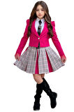 Kız Çocuk Blazer Ceket, Kravat Çizgili Fuşya Etekli Takım