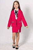 Kız Çocuk Elmas Taş Detaylı Hakim Yaka Blazer Ceket Kol Uçları Taş Düğme Gömlek Pembe Etekli Takım