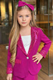 Kız Çocuk Bilekleri ve Yakası Pulpayet Detay Blazer Ceket Asimetrik Kesim Pullu Mor Etekli Takım