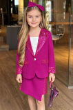 Kız Çocuk Bilekleri ve Yakası Pulpayet Detay Blazer Ceket Asimetrik Kesim Pullu Mor Etekli Takım
