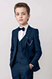 Erkek Çocuk Blazer Ceketli, Cepken Yelekli Lacivert Takım Elbise 5-9 Yaş