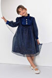 Kız Çocuk Üzeri Benekli ve Pullu İçi Astarlı Yakası Fırfırlı Lacivert Elbise