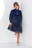 Kız Çocuk Üzeri Benekli ve Pullu İçi Astarlı Yakası Fırfırlı Lacivert Elbise