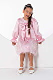 Kız Çocuk Göğsü Kurdele ve Üzeri Kelebek İşlemeli İspanyol Kollu Pembe Şifon Elbise