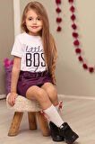 Kız Çocuk Little Boss Yazı Baskılı T-Shirt Cep Detaylı Kemerli Bordo Deri Etekli Takım
