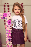 Kız Çocuk Little Boss Yazı Baskılı T-Shirt Cep Detaylı Kemerli Bordo Deri Etekli Takım