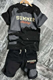 Erkek Çocuk Summer Yazı Baskılı  Cep ve İp Detaylı Siyah Şortlu Takım