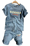 Erkek Çocuk Summer Yazı Baskılı  Cep ve İp Detaylı Mavi Şortlu Takım