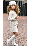 Kız Çocuk Kenarları İnci Taş İşlemeli Triko Ceket Cep Detaylı Ekru Etekli Takım