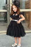 Kız Çocuk Gömlek Yaka Taş İşlemeli Göğsü Fırfırlı Sıfır Kol Kemerli Eteği Tüllü Siyah Elbise