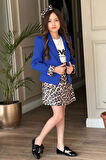 Kız Çocuk Love Yazı Baskı Bluz Leopar Detaylı Mavi Blazer Ceket Leopar Detay Pullu Etekli Takım