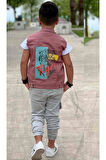 Erkek Çocuk Kaplan Detaylı T-shirt Sırt Baskılı Kolsuz Pudra Jean Ceket Kargo Cepli Alt Üst Takım