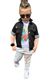 Erkek Çocuk Kaplan Detaylı T-shirt Sırt Baskılı Siyah Jean Ceket Kargo Cepli Alt Üst Takım