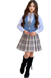 Kız Çocuk Gümüş Düğme Detaylı Mavi Yelek Gabardin Gömlek Kravatlı Ekose Çizgili Etekli Takım