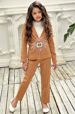 Kız Çocuk Yakası Fırfır Tüllü Dik Yaka Kazak Blazer Ceket Kırçılı Kemer Kahverengi Alt Üst Takım