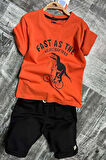 Erkek Çocuk Dinazor ve Bisiklet Baskılı Turuncu T-shirt Penye Şortlu Takım