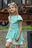 Kız Çocuk Sıfır Kol Asimetik Kesim Kemerli Turkuaz Tunik Şortlu Takım