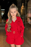 Kız Çocuk Gold Düğmeli ve Gül Broşlu Blazer Ceket Askılı Penye Bluz Kırmızı Şortlu Takım