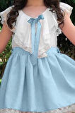 Kız Çocuk V Yaka Omuzları ve Etek Ucu Dantel İşlemeli Mavi Elbise