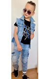 Erkek Çocuk Sırt Baskılı Sıfır Kol Jean Ceket Xox Detaylı T-shirt Jean Alt Üst Takım