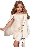 Kız Çocuk Sıfır Kol İnci İşlemeli Crop Asimetrik Kesim Broşlu Keten Krem Etekli Takım