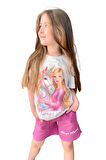 Kız Çocuk Üzeri Digital Bebek ve At Baskılı Yazı Detaylı T-shirt Mor Şortlu Takım
