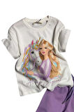 Kız Çocuk Üzeri Digital Bebek ve At Baskılı Yazı Detaylı T-shirt Lila Şortlu Takım